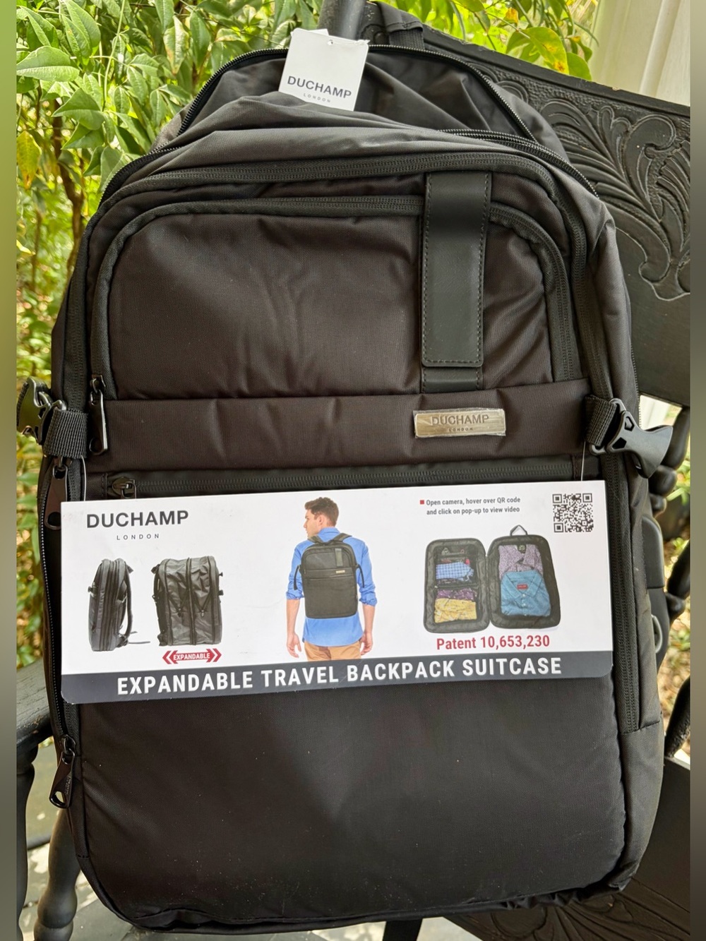 NWT DUCHAMP Black Expandable Travel Backpack Suitcase